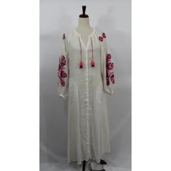 ELEVEN March 11 Sz XS Ivory Linen Pink Embroidered Belted Midi Dress - Picture 7 of 9